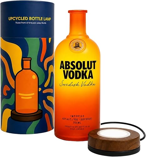 Unique Table Lamp Handmade from Upcycled Vodka Bottle with Wooden Base & Light & Gift Box