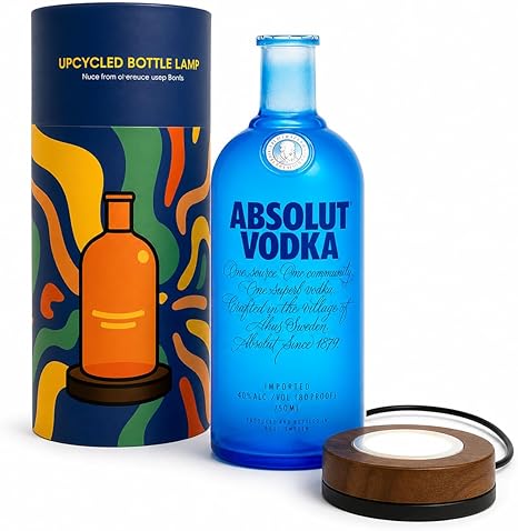 Unique Table Lamp Handmade from Upcycled Vodka Bottle with Wooden Base & Light & Gift Box