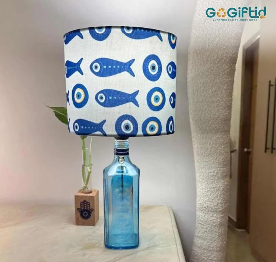 Bombay Sapphire Bottle Lamp with Blue Lampshade – Handmade Upcycled Table Lamp