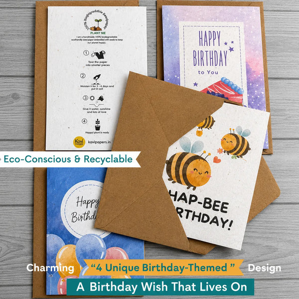 Seed Paper Set of 4 Plantable Birthday Greeting Cards with Kraft Envelopes