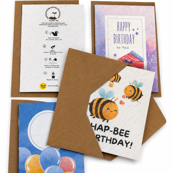 Seed Paper Set of 4 Plantable Birthday Greeting Cards with Kraft Envelopes