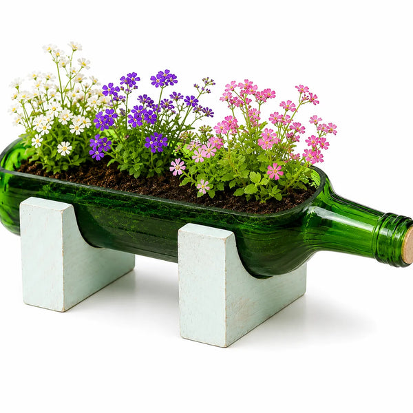 Upcycled Wine Bottle Planter with Wooden Stand – Sea Green Handmade Glass Planter