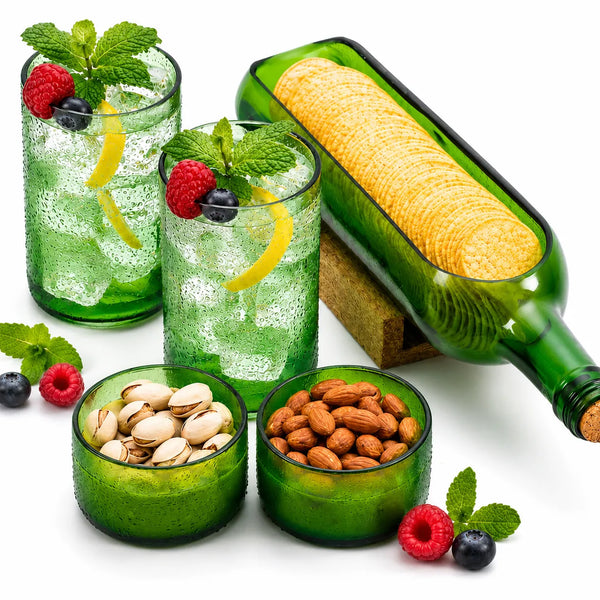 Upcycled Green Wine Bottle Serving Set – Handmade Sustainable Serveware