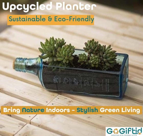 Upcycled Sapphire Bottle Planter – Handmade Sea Green Table Top Glass Planter