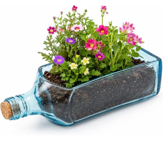 Upcycled Sapphire Bottle Planter – Handmade Sea Green Table Top Glass Planter