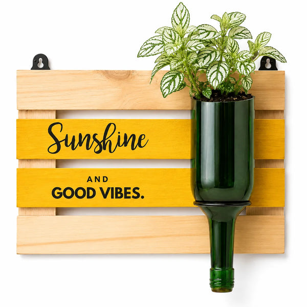 Upcycled Wine Bottle Wall Planter with Wooden Board – Handmade Plant Holder