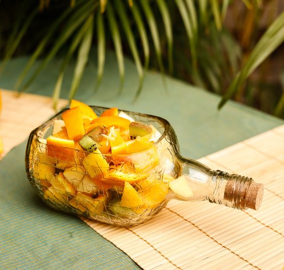 Eco-friendly old monk platter upcycled from old bottles. Smooth edges, safe for food