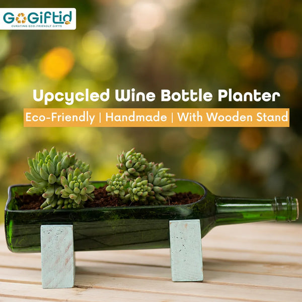 Upcycled Wine Bottle Planter with Wooden Stand – Sea Green Handmade Glass Planter