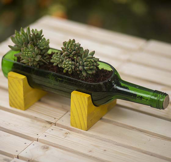 Upcycled Wine Bottle Planter – Yellow Handmade Glass Succulent Planter with Wooden Stand