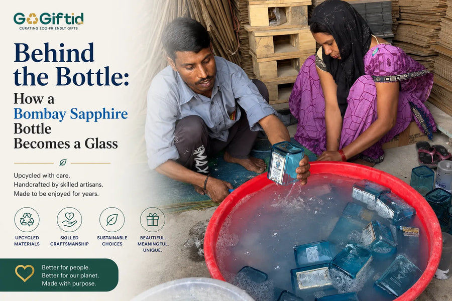 Hand-cut Bombay Sapphire bottle glass on a workshop bench
