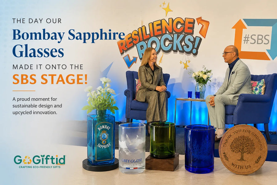 Upcycled Bombay Sapphire glasses on stage at the Theo Paphitis SBS event with Katie Piper