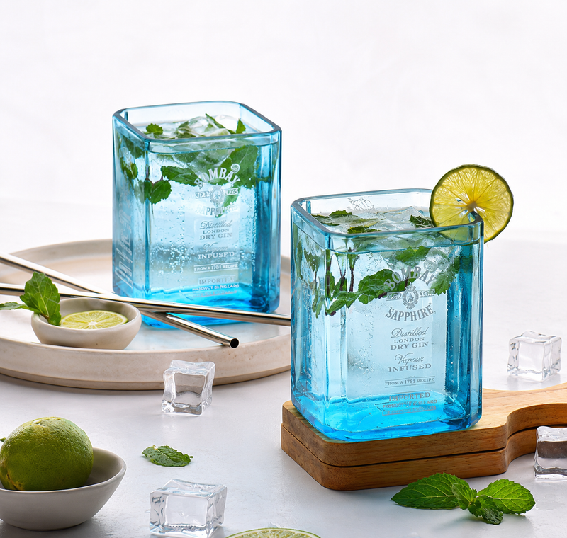 Bombay Sapphire Bottle Upcycled to Gin Glasses: Sustainable Handmade Barware for Modern Homes