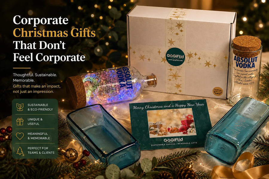 Handmade upcycled glassware and bottle lamp gift set styled for corporate Christmas gifting