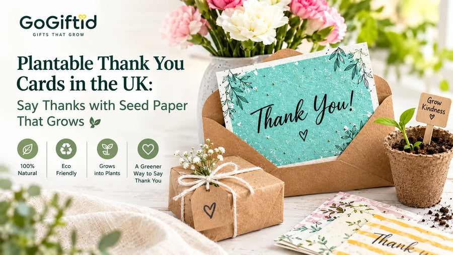 Assorted plantable seed paper thank you cards with kraft envelopes on a wooden table beside a small basil plant
