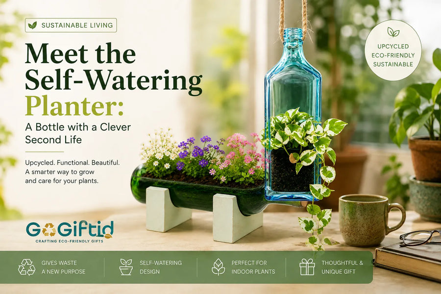 Upcycled glass bottle self-watering planter with a plant cutting on a windowsill
