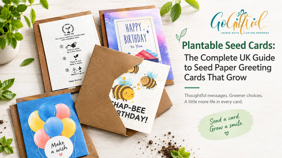 Assorted plantable seed paper birthday cards with kraft envelopes and a planting instructions card
