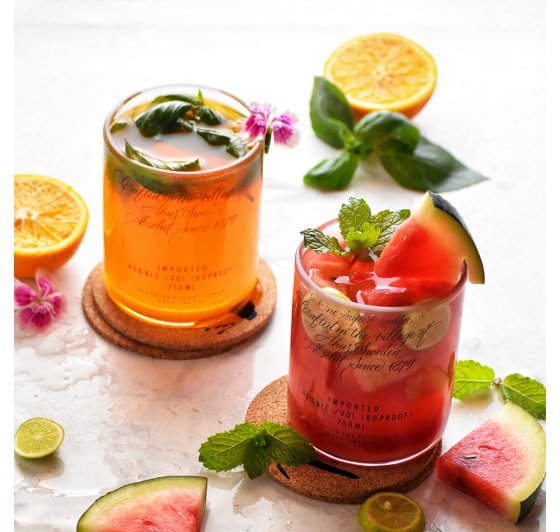 Eco-friendly pair of Absolut glasses set of two, hand-crafted for serving your favorite beverages