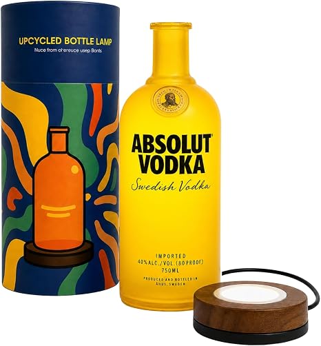 Unique Table Lamp Handmade from Upcycled Vodka Bottle with Wooden Base & Light & Gift Box