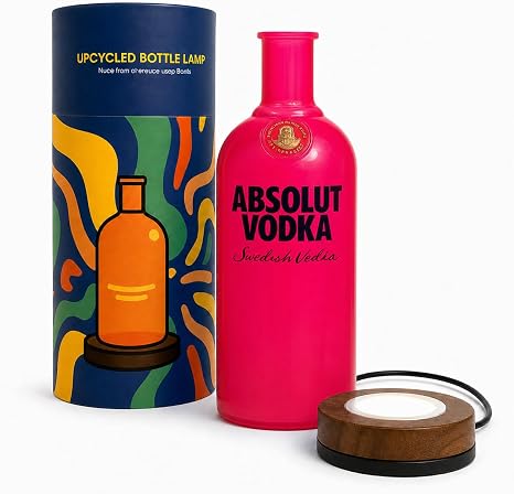 Unique Table Lamp Handmade from Upcycled Vodka Bottle with Wooden Base & Light & Gift Box