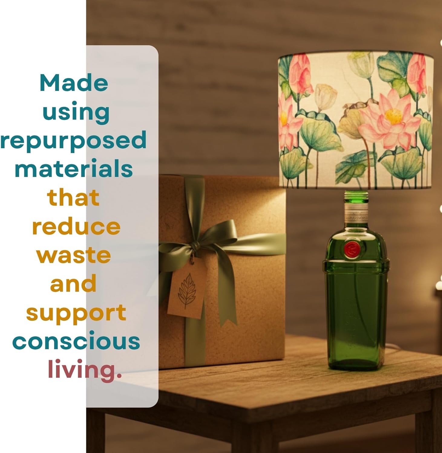 Upcycled Tanqueray Bottle Lotus Shade Lamp – Handmade Gin Bottle Table Lamp
