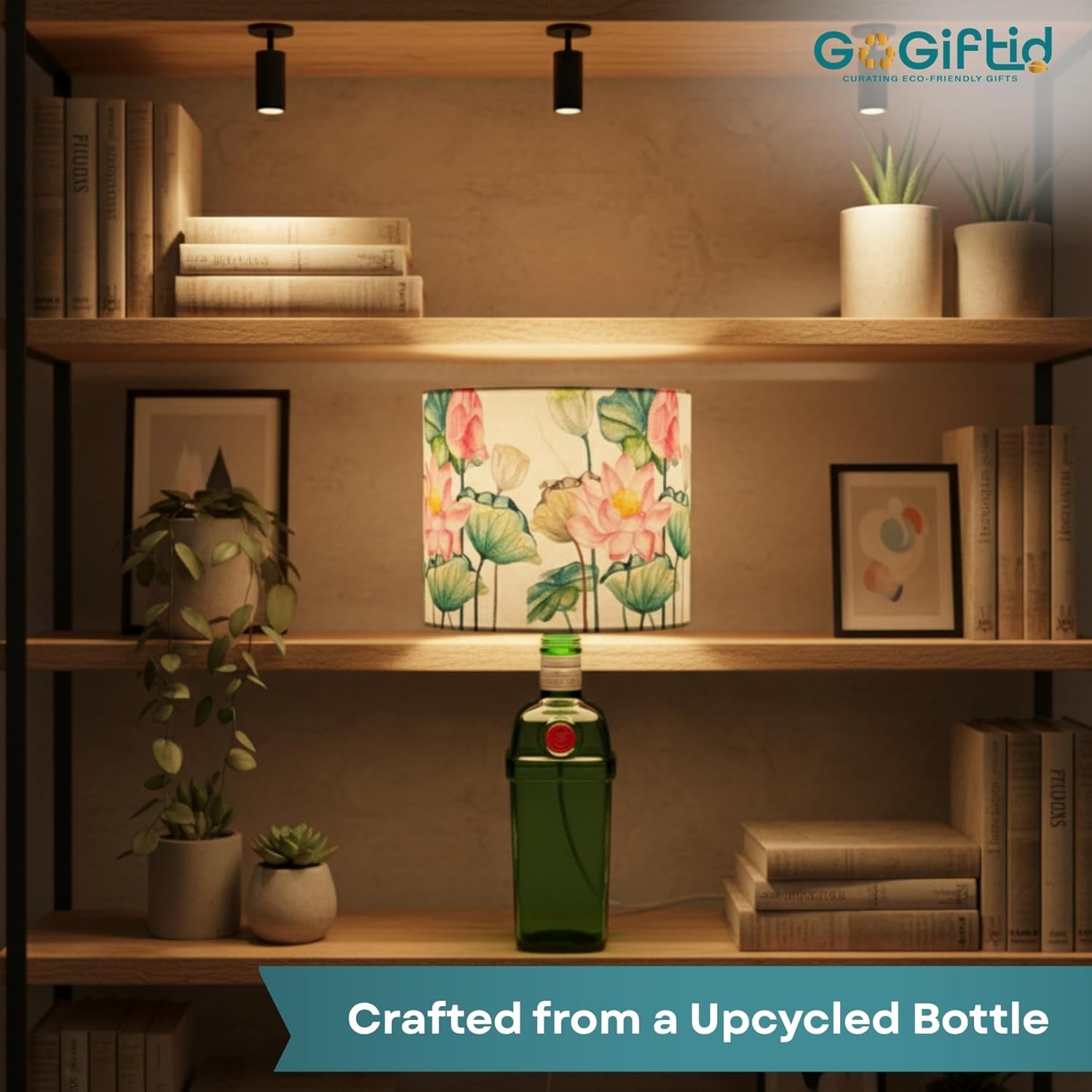 Upcycled Tanqueray Bottle Lotus Shade Lamp – Handmade Gin Bottle Table Lamp