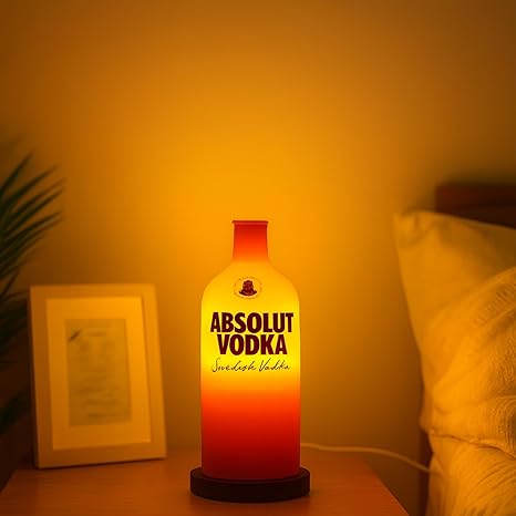 Load image into Gallery viewer, Unique Table Lamp Handmade from Upcycled Vodka Bottle with Wooden Base &amp; Light &amp; Gift Box

