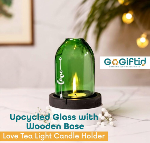 Load image into Gallery viewer, Believe Tealight Candle Holder – Handmade Recycled Glass Candle Holder with Wooden Base
