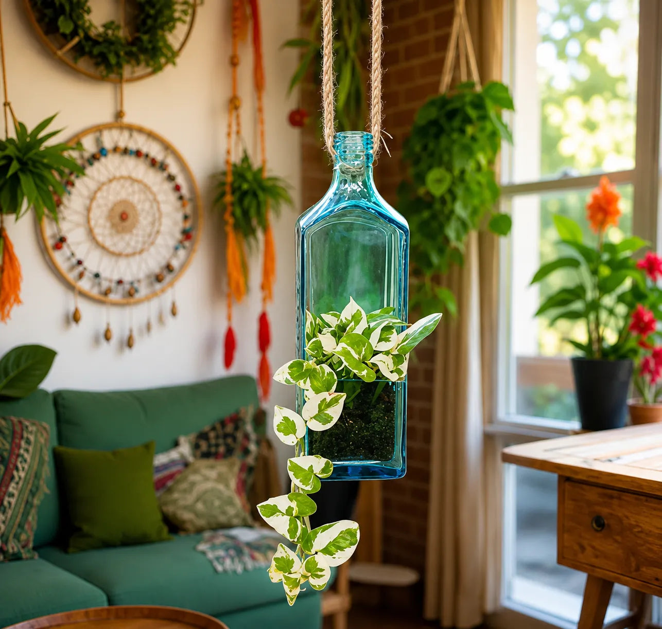Sapphire Bottle Hanging Planter – Upcycled Glass Planter