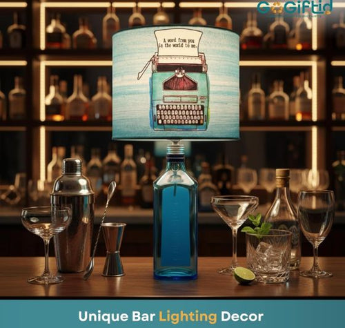 Load image into Gallery viewer, Bombay Sapphire Bottle Lamp with Blue Lampshade – Handmade Upcycled Table Lamp
