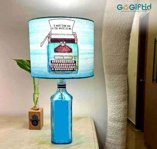 Load image into Gallery viewer, Bombay Sapphire Bottle Lamp with Blue Lampshade – Handmade Upcycled Table Lamp
