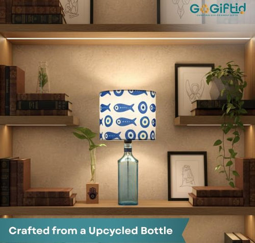 Load image into Gallery viewer, Bombay Sapphire Bottle Lamp with Blue Lampshade – Handmade Upcycled Table Lamp
