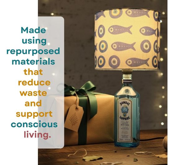 Bombay Sapphire Bottle Lamp with Blue Lampshade – Handmade Upcycled Table Lamp