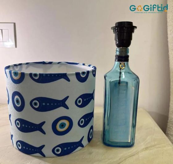 Bombay Sapphire Bottle Lamp with Blue Lampshade – Handmade Upcycled Table Lamp