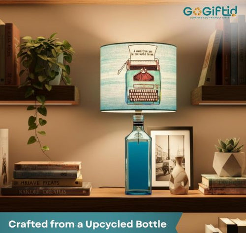 Load image into Gallery viewer, Bombay Sapphire Bottle Lamp with Blue Lampshade – Handmade Upcycled Table Lamp
