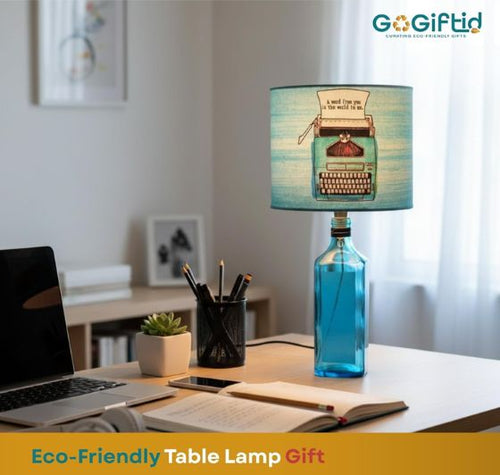 Load image into Gallery viewer, Bombay Sapphire Bottle Lamp with Blue Lampshade – Handmade Upcycled Table Lamp
