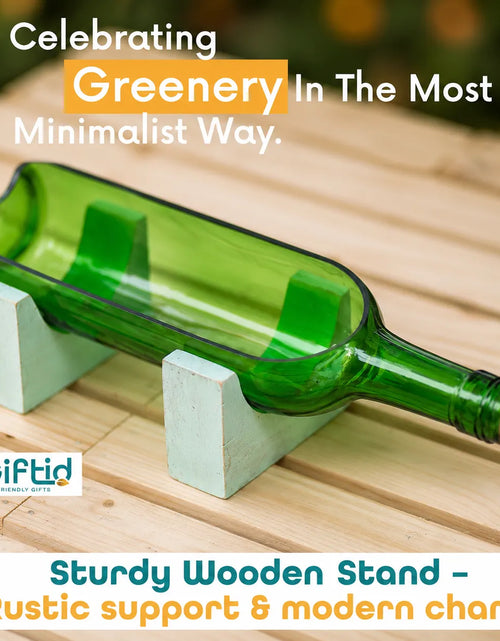 Load image into Gallery viewer, Upcycled Wine Bottle Planter with Wooden Stand – Sea Green Handmade Glass Planter
