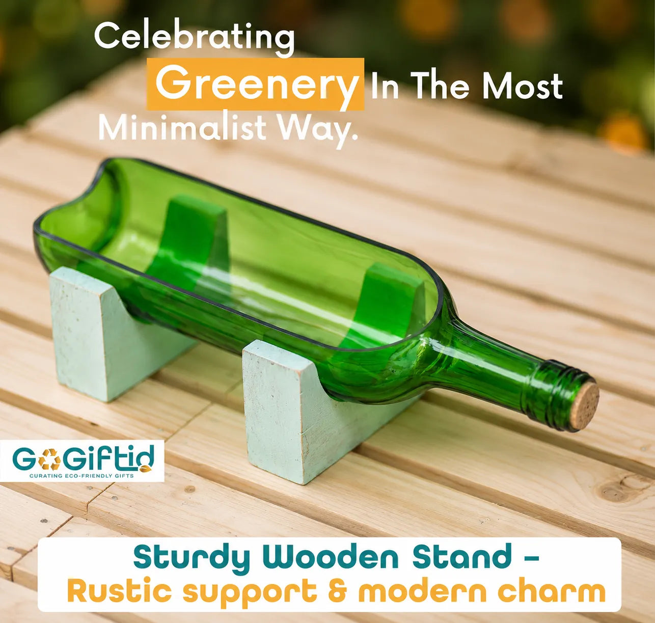 Upcycled Wine Bottle Planter with Wooden Stand – Sea Green Handmade Glass Planter