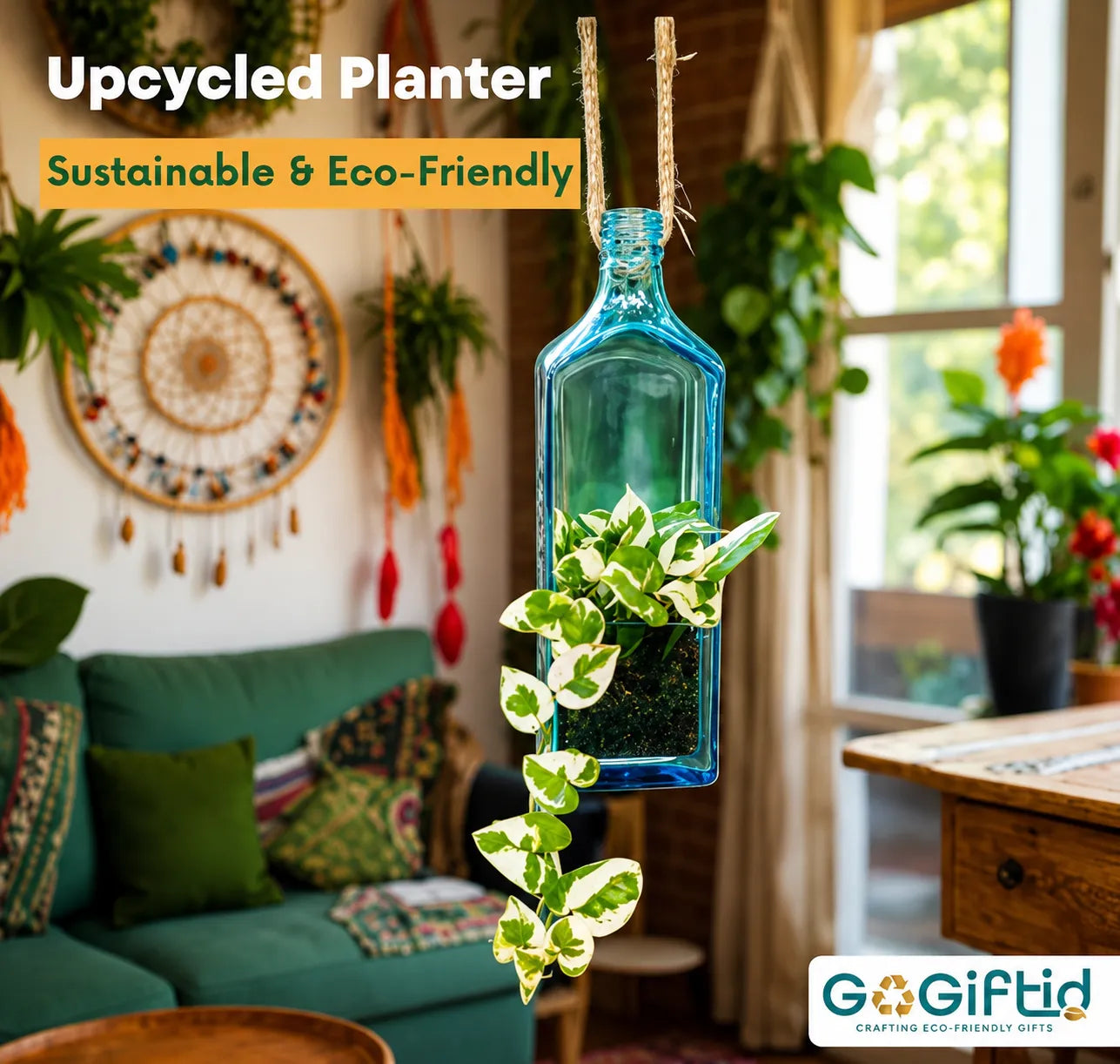 Sapphire Bottle Hanging Planter – Upcycled Glass Planter