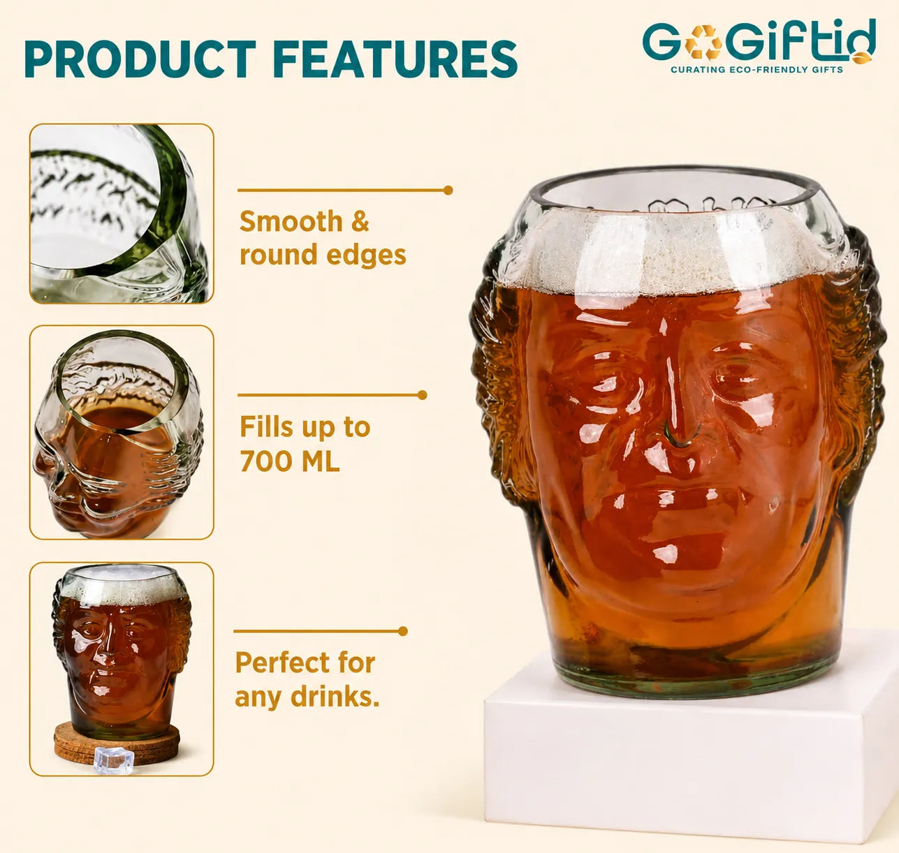 Old Monk Face Glass 700ml – Handmade Upcycled Rum & Whisky Glass