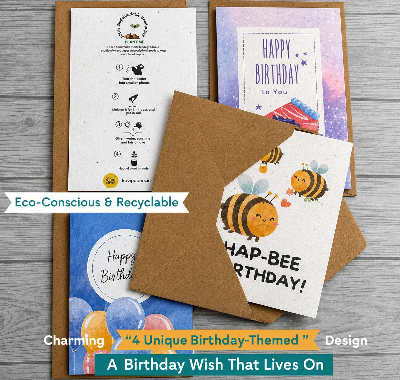 Seed Paper Set of 4 Plantable Birthday Greeting Cards with Kraft Envelopes