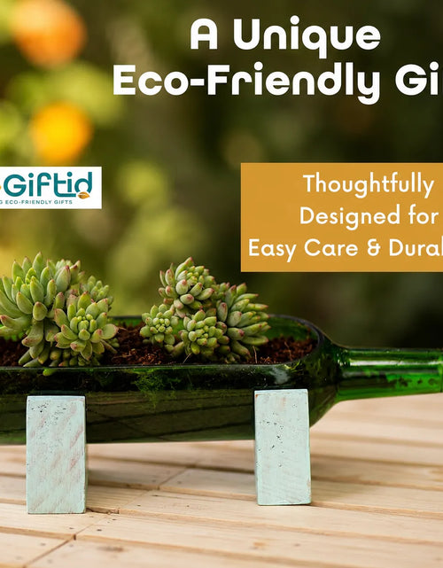 Load image into Gallery viewer, Upcycled Wine Bottle Planter with Wooden Stand – Sea Green Handmade Glass Planter
