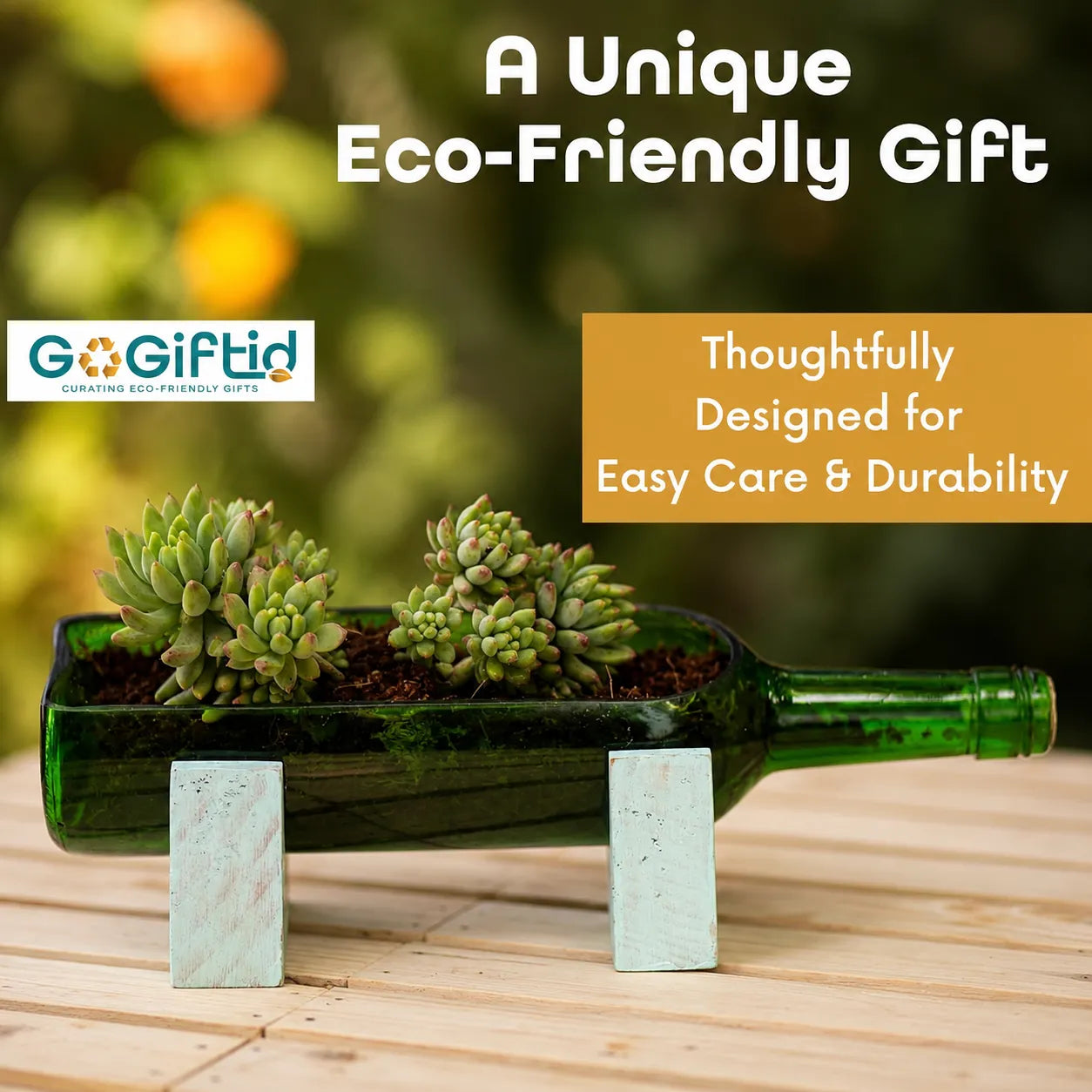Upcycled Wine Bottle Planter with Wooden Stand – Sea Green Handmade Glass Planter