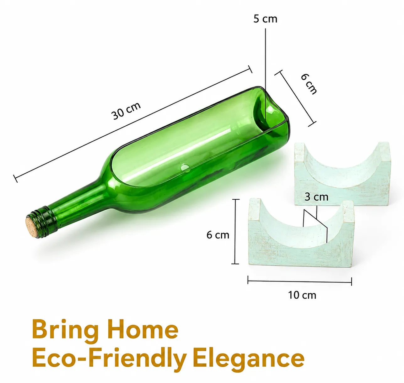 Upcycled Wine Bottle Planter with Wooden Stand – Sea Green Handmade Glass Planter