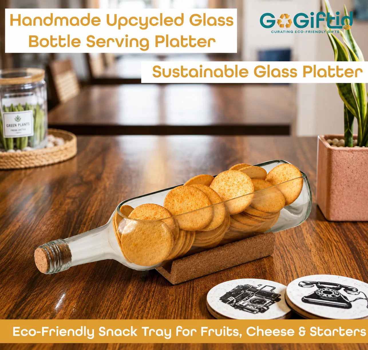 Upcycled Transparent Wine Bottle Platter – Handmade Recycled Glass Serving Tray