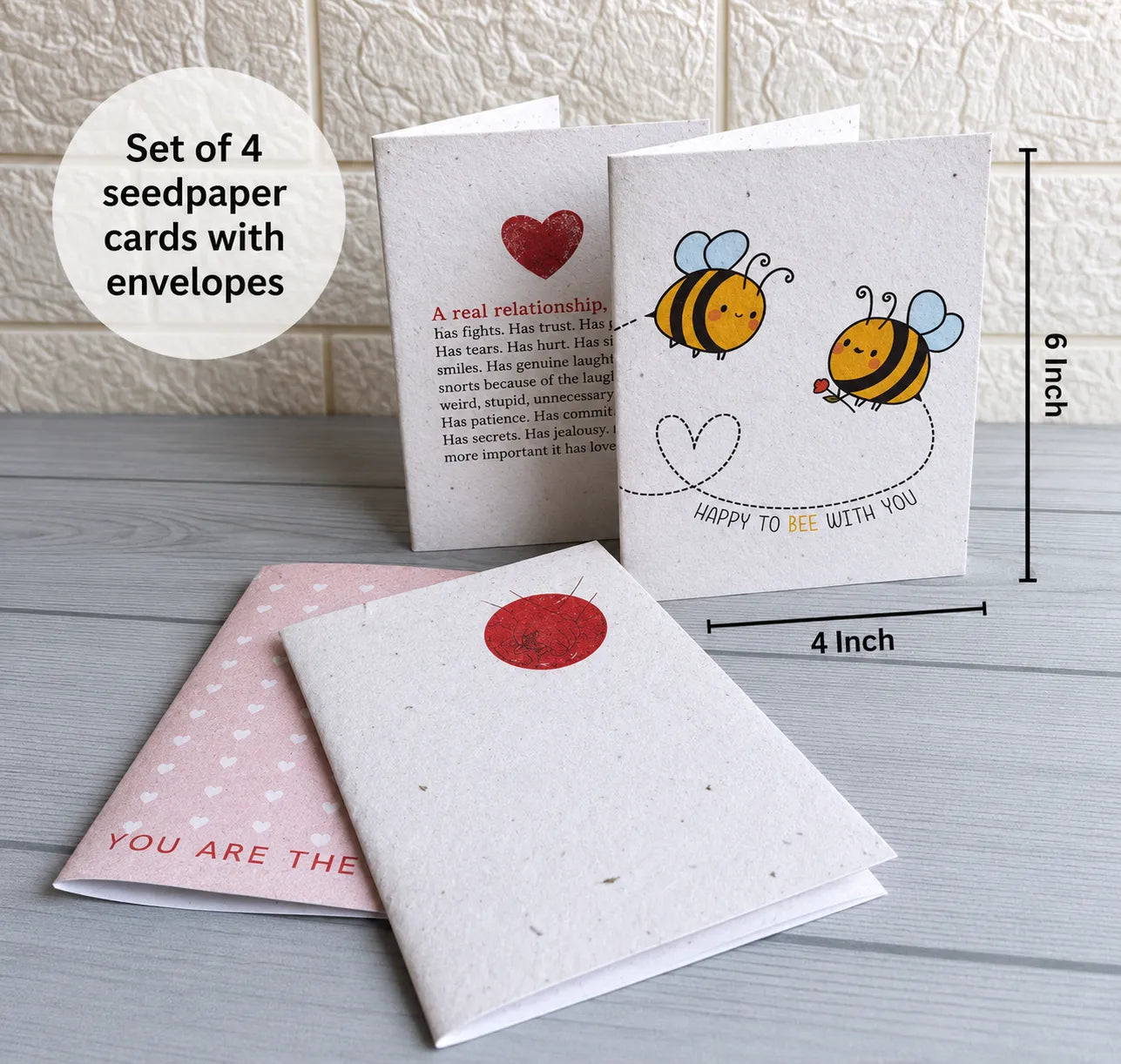Seed Paper Set of 4 Plantable Love You Greeting Cards with Kraft Envelopes