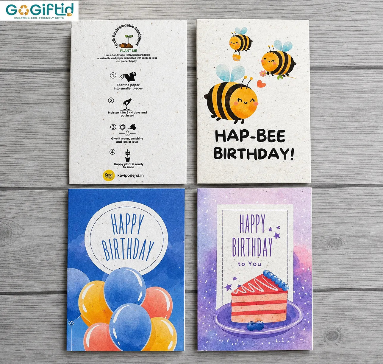 Seed Paper Set of 4 Plantable Birthday Greeting Cards with Kraft Envelopes