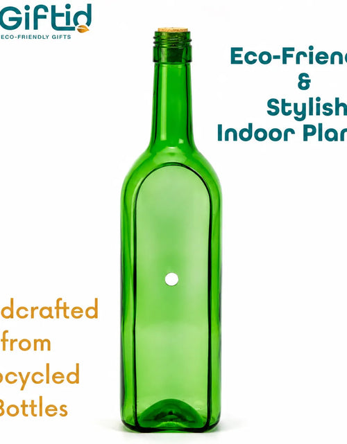 Load image into Gallery viewer, Upcycled Wine Bottle Planter with Wooden Stand – Sea Green Handmade Glass Planter
