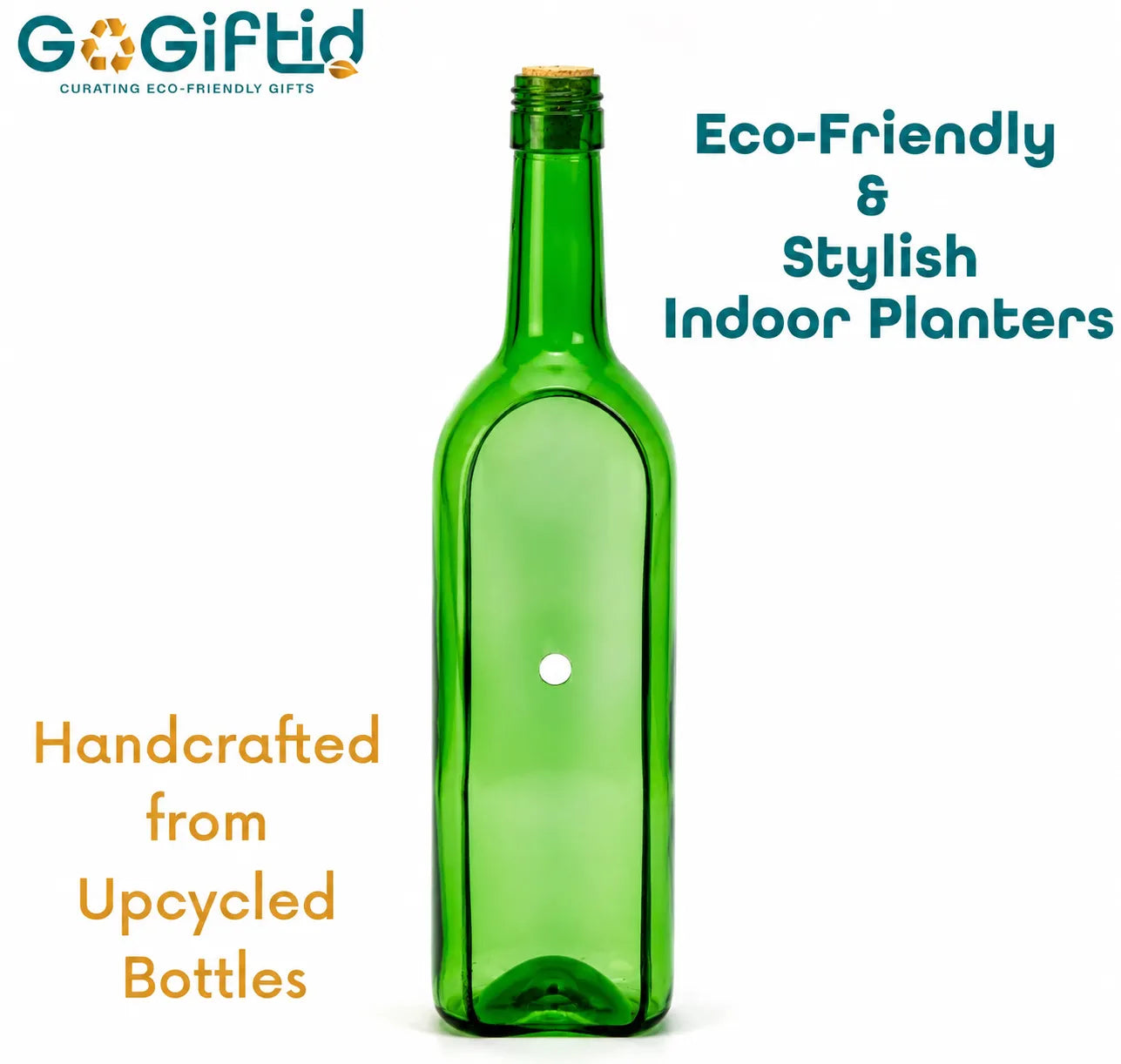 Upcycled Wine Bottle Planter with Wooden Stand – Sea Green Handmade Glass Planter