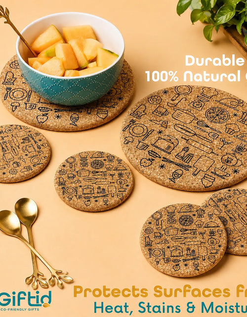 Load image into Gallery viewer, Round Shape Cork Hot Trivets &amp; Coasters Set of 2 – Heat Resistant Table Mats
