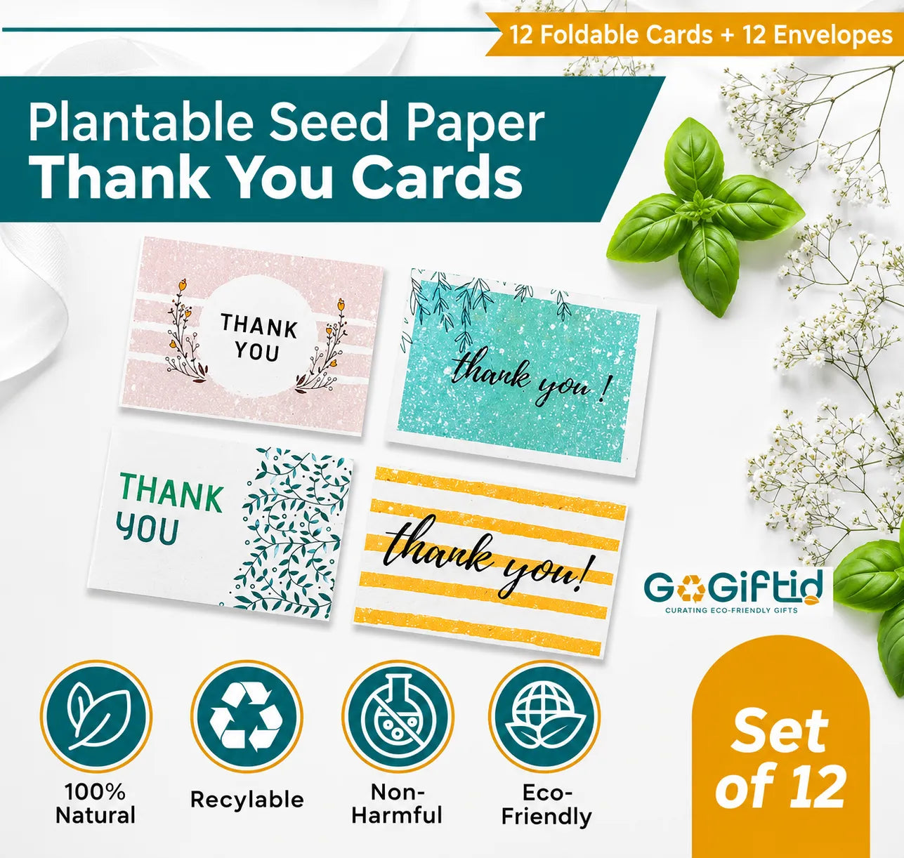 Plantable Thank You Cards With Envelopes – Eco Friendly Seed Paper Cards (Pack of 15)